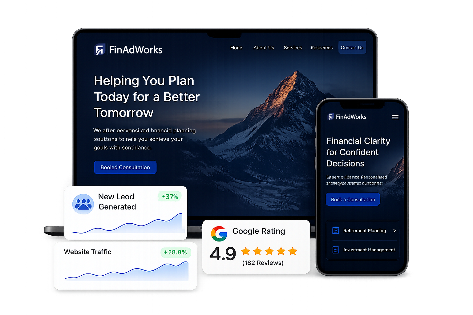 FinAdWorks websites shown on laptop and phone with performance metrics